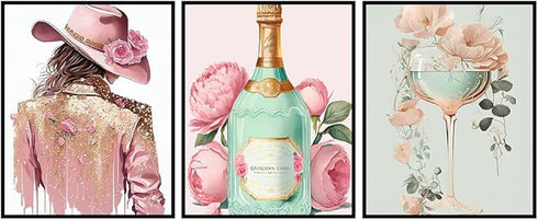 Posterizer 3 pcs-Pastel Pink and Baby Blue Champage and Woman-Floral Botanical Art-Abstract & Modern Art- Living Room Bedroom Decor- unframed wall...